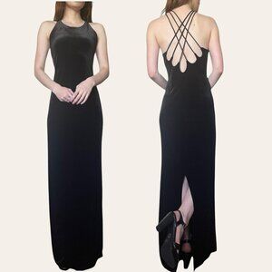 90s vintage black velvet x-back diamond trim high neck prom dress Onyx Nite